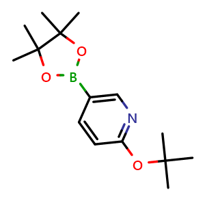 Chemical structure of 2-(tert-butoxy)-5-(4,4,5,5-tetramethyl-1,3,2-dioxaborolan-2-yl)pyridine , CAS 1421341-09-4, AChemBlock Q62484