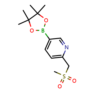 Chemical structure of 2-((Methylsulfonyl)methyl)-5-(4,4,5,5-tetramethyl-1,3,2-dioxaborolan-2-yl)pyridine , CAS 1421341-29-8, AChemBlock Q62494