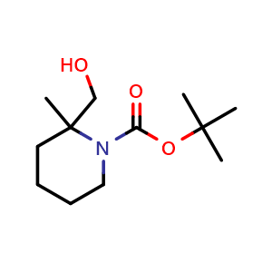 Chemical structure of tert-butyl 2-(hydroxymethyl)-2-methylpiperidine-1-carboxylate , CAS 470669-15-9, AChemBlock Q62519