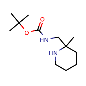 Chemical structure of tert-butyl ((2-methylpiperidin-2-yl)methyl)carbamate , CAS 1205750-65-7, AChemBlock Q62521