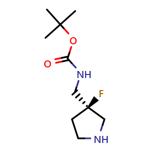 Chemical structure of tert-butyl (R)-((3-fluoropyrrolidin-3-yl)methyl)carbamate , CAS 2165900-52-5, AChemBlock Q62530