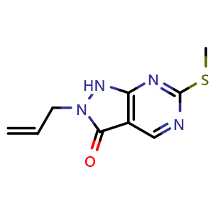 Chemical structure of 2-allyl-6-(methylthio)-1,2-dihydro-3H-pyrazolo[3,4-d]pyrimidin-3-one , CAS 955368-90-8, AChemBlock Q62544