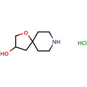 Chemical structure of 1-oxa-8-azaspiro[4.5]decan-3-ol hydrochloride , CAS 2206610-69-5, AChemBlock Q62560