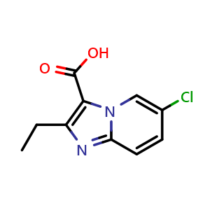 Chemical structure of 6-Chloro-2-ethylimidazo[1,2-a]pyridine-3-carboxylic acid , CAS 1216142-18-5, AChemBlock Q62577