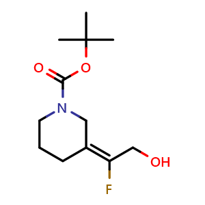 Chemical structure of tert-butyl (E)-3-(1-fluoro-2-hydroxyethylidene)piperidine-1-carboxylate , CAS 878590-49-9, AChemBlock Q62578
