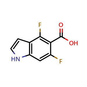 Chemical structure of 4,6-difluoro-1H-indole-5-carboxylic acid , CAS 1895475-56-5, AChemBlock Q62600