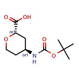 Chemical structure of trans-4-{[(tert-butoxy)carbonyl]amino}oxane-2-carboxylic acid , CAS 2137817-97-9, AChemBlock Q62646