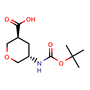 Chemical structure of (3S,5S)-5-((tert-butoxycarbonyl)amino)tetrahydro-2H-pyran-3-carboxylic acid , CAS 2306246-58-0, AChemBlock Q62652