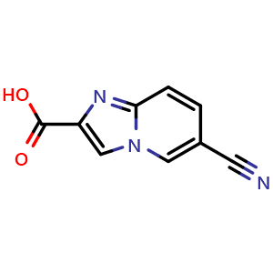 Chemical structure of 6-cyanoimidazo[1,2-a]pyridine-2-carboxylic acid , CAS 1020035-67-9, AChemBlock Q62722