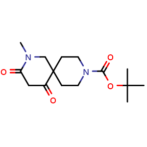 Chemical structure of tert-butyl 2-methyl-3,5-dioxo-2,9-diazaspiro[5.5]undecane-9-carboxylate , CAS 2306274-91-7, AChemBlock Q62772