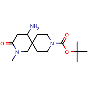 Chemical structure of tert-butyl 5-amino-2-methyl-3-oxo-2,9-diazaspiro[5.5]undecane-9-carboxylate , CAS 2227206-02-0, AChemBlock Q62774