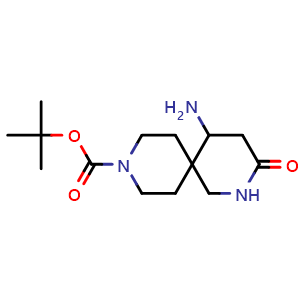 Chemical structure of tert-butyl 5-amino-3-oxo-2,9-diazaspiro[5.5]undecane-9-carboxylate , CAS 2306263-31-8, AChemBlock Q62776