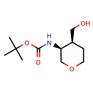 Chemical structure of tert-butyl ((3S,4S)-4-(hydroxymethyl)tetrahydro-2H-pyran-3-yl)carbamate , CAS 1006891-20-8, AChemBlock Q62798