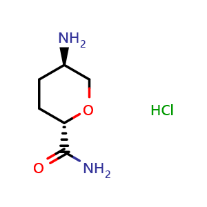 Chemical structure of (2S,5R)-5-aminotetrahydro-2H-pyran-2-carboxamide hydrochloride , CAS 1398571-73-7, AChemBlock Q62833