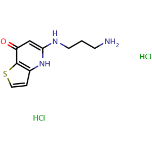 Chemical structure of 5-((3-aminopropyl)amino)thieno[3,2-b]pyridin-7(4H)-one dihydrochloride , CAS 1016552-68-3, AChemBlock Q62836