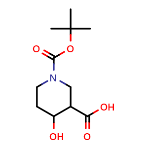 Chemical structure of 1-(tert-butoxycarbonyl)-4-hydroxypiperidine-3-carboxylic acid , CAS 1015939-24-8, AChemBlock Q62860