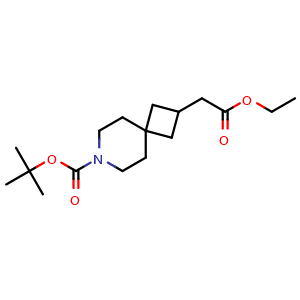 Chemical structure of tert-butyl 2-(2-ethoxy-2-oxoethyl)-7-azaspiro[3.5]nonane-7-carboxylate , CAS 203662-31-1, AChemBlock Q62885