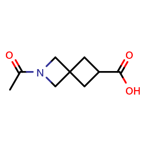 Chemical structure of 2-acetyl-2-azaspiro[3.3]heptane-6-carboxylic acid , CAS 2303859-30-3, AChemBlock Q62896