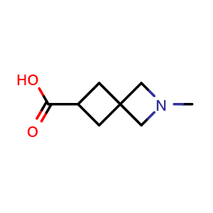 Chemical structure of 2-methyl-2-azaspiro[3.3]heptane-6-carboxylic acid , CAS 2297638-29-8, AChemBlock Q62897