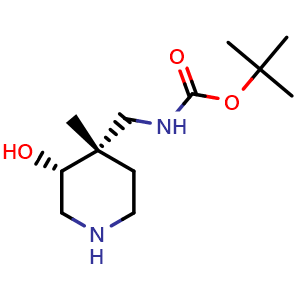 Chemical structure of tert-butyl (((3R,4S)-3-hydroxy-4-methylpiperidin-4-yl)methyl)carbamate , CAS 1801693-82-2, AChemBlock Q62904