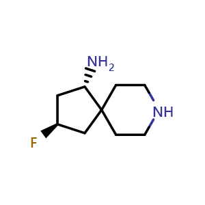 Chemical structure of (1S,3R)-3-fluoro-8-azaspiro[4.5]decan-1-amine , CAS 2227197-68-2, AChemBlock Q62907