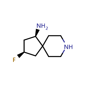 Chemical structure of (1R,3R)-3-fluoro-8-azaspiro[4.5]decan-1-amine , CAS 2055760-64-8, AChemBlock Q62908