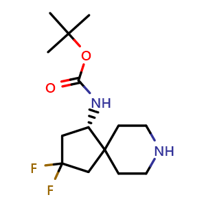 Chemical structure of tert-butyl (S)-(3,3-difluoro-8-azaspiro[4.5]decan-1-yl)carbamate , CAS 2306249-46-5, AChemBlock Q62918