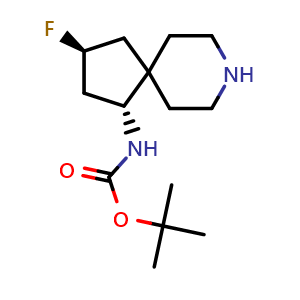 Chemical structure of tert-butyl ((1R,3S)-3-fluoro-8-azaspiro[4.5]decan-1-yl)carbamate , CAS 2306247-26-5, AChemBlock Q62920