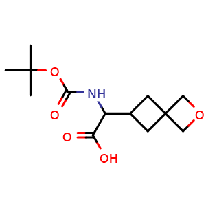 Chemical structure of 2-((tert-butoxycarbonyl)amino)-2-(2-oxaspiro[3.3]heptan-6-yl)acetic acid , CAS 2306260-85-3, AChemBlock Q62932