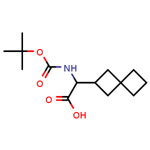 Chemical structure of 2-((tert-butoxycarbonyl)amino)-2-(spiro[3.3]heptan-2-yl)acetic acid , CAS 2171731-99-8, AChemBlock Q62933