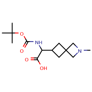 Chemical structure of 2-((tert-butoxycarbonyl)amino)-2-(2-methyl-2-azaspiro[3.3]heptan-6-yl)acetic acid , CAS 2306263-85-2, AChemBlock Q62935