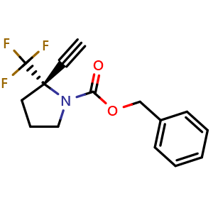 Chemical structure of benzyl (S)-2-ethynyl-2-(trifluoromethyl)pyrrolidine-1-carboxylate , CAS 2306245-68-9, AChemBlock Q62945