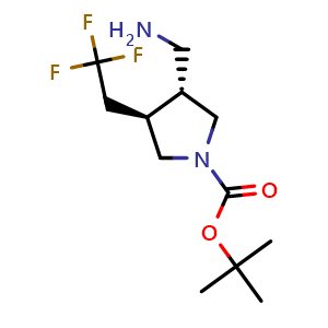 Chemical structure of tert-butyl (3S,4R)-3-(aminomethyl)-4-(2,2,2-trifluoroethyl)pyrrolidine-1-carboxylate , CAS 2306249-65-8, AChemBlock Q62982