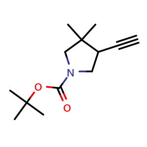 Chemical structure of tert-butyl 4-ethynyl-3,3-dimethylpyrrolidine-1-carboxylate , CAS 2169173-02-6, AChemBlock Q63016