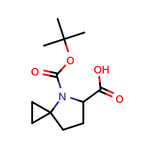 Chemical structure of 4-(tert-butoxycarbonyl)-4-azaspiro[2.4]heptane-5-carboxylic acid , CAS 1779469-52-1, AChemBlock Q63034