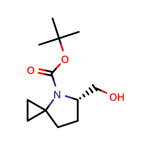 Chemical structure of tert-butyl (S)-5-(hydroxymethyl)-4-azaspiro[2.4]heptane-4-carboxylate , CAS 2007909-24-0, AChemBlock Q63038