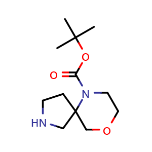 Chemical structure of tert-butyl 9-oxa-2,6-diazaspiro[4.5]decane-6-carboxylate , CAS 1369142-71-1, AChemBlock Q63083