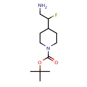 Chemical structure of tert-butyl 4-(2-amino-1-fluoroethyl)piperidine-1-carboxylate , CAS 1781380-67-3, AChemBlock Q63102