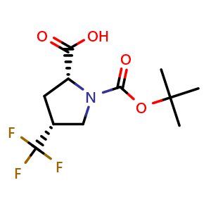 Chemical structure of (2R,4R)-1-(tert-butoxycarbonyl)-4-(trifluoromethyl)pyrrolidine-2-carboxylic acid , CAS 497103-78-3, AChemBlock Q63112