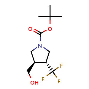 Chemical structure of tert-butyl (3R,4R)-3-(hydroxymethyl)-4-(trifluoromethyl)pyrrolidine-1-carboxylate , CAS 1858291-38-9, AChemBlock Q63136