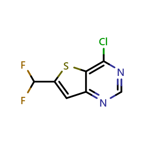 Chemical structure of 4-chloro-6-(difluoromethyl)thieno[3,2-d]pyrimidine , CAS 2092627-98-8, AChemBlock Q63147