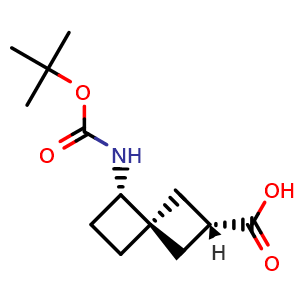 Chemical structure of (2R,4r,5S)-5-((tert-butoxycarbonyl)amino)spiro[3.3]heptane-2-carboxylic acid , CAS 1682624-63-0, AChemBlock Q63165