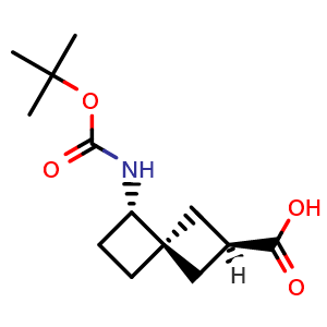 Chemical structure of (2S,4s,5S)-5-((tert-butoxycarbonyl)amino)spiro[3.3]heptane-2-carboxylic acid , CAS 1682647-21-7, AChemBlock Q63166