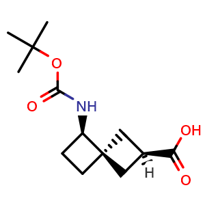 Chemical structure of (2R,4s,5R)-5-((tert-butoxycarbonyl)amino)spiro[3.3]heptane-2-carboxylic acid , CAS 1682647-31-9, AChemBlock Q63167