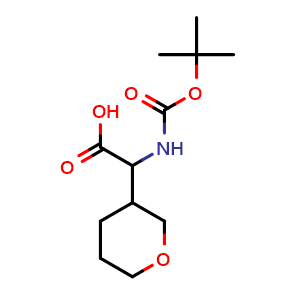 Chemical structure of 2-((tert-butoxycarbonyl)amino)-2-(tetrahydro-2H-pyran-3-yl)acetic acid , CAS 1398503-92-8, AChemBlock Q63175