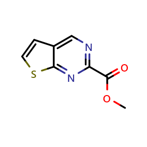 Chemical structure of methyl thieno[2,3-d]pyrimidine-2-carboxylate , CAS 2111518-43-3, AChemBlock Q63317