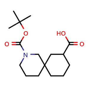 Chemical structure of 2-(tert-butoxycarbonyl)-2-azaspiro[5.5]undecane-8-carboxylic acid , CAS 1784313-57-0, AChemBlock Q63357
