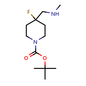 Chemical structure of tert-butyl 4-fluoro-4-((methylamino)methyl)piperidine-1-carboxylate , CAS 2168379-46-0, AChemBlock Q63391