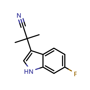 Chemical structure of 2-(6-fluoro-1H-indol-3-yl)-2-methylpropanenitrile , CAS 1219945-16-0, AChemBlock Q63392