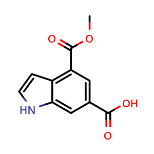 Chemical structure of 4-(methoxycarbonyl)-1H-indole-6-carboxylic acid , CAS 2089915-09-1, AChemBlock Q63394